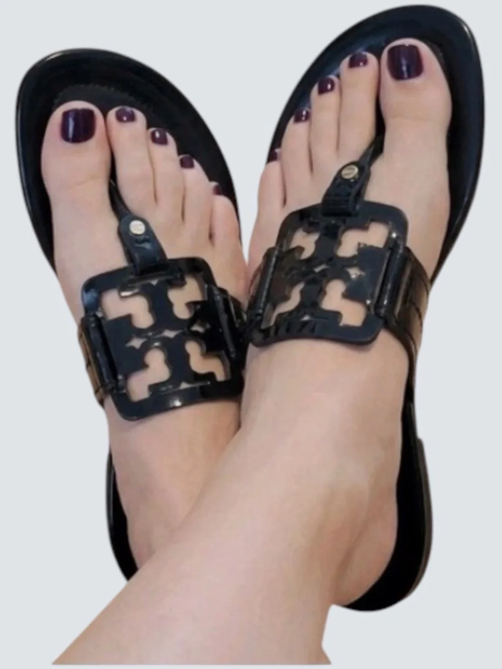 Tory Burch Black Patent Leather Miller Sandals Rare Square Logo SZ 6.5M